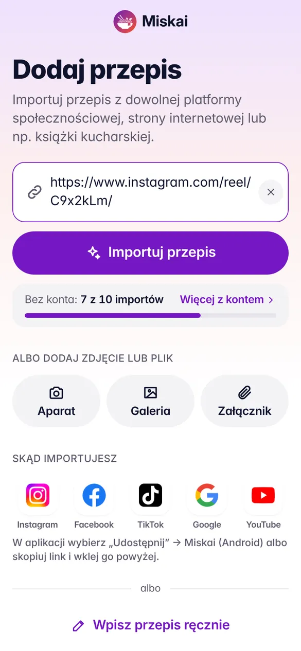 Dodawanie przepisu z linku do rolki